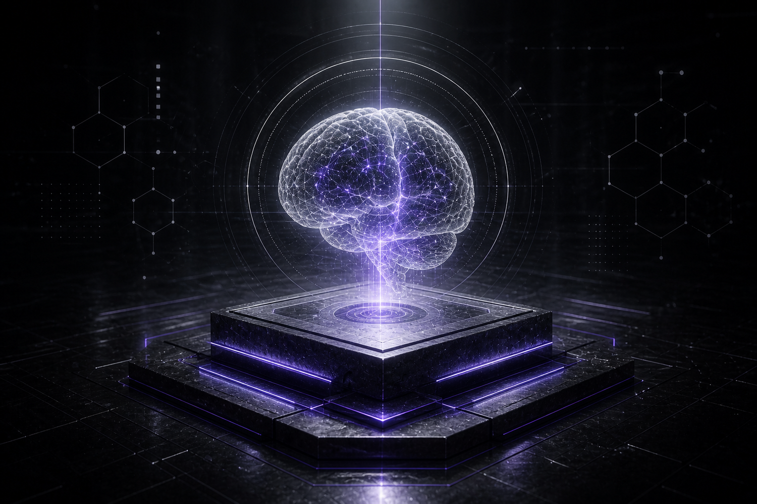 Cerveau wireframe violet sur plateforme cyber, premier stack nootropique CTRL NODE