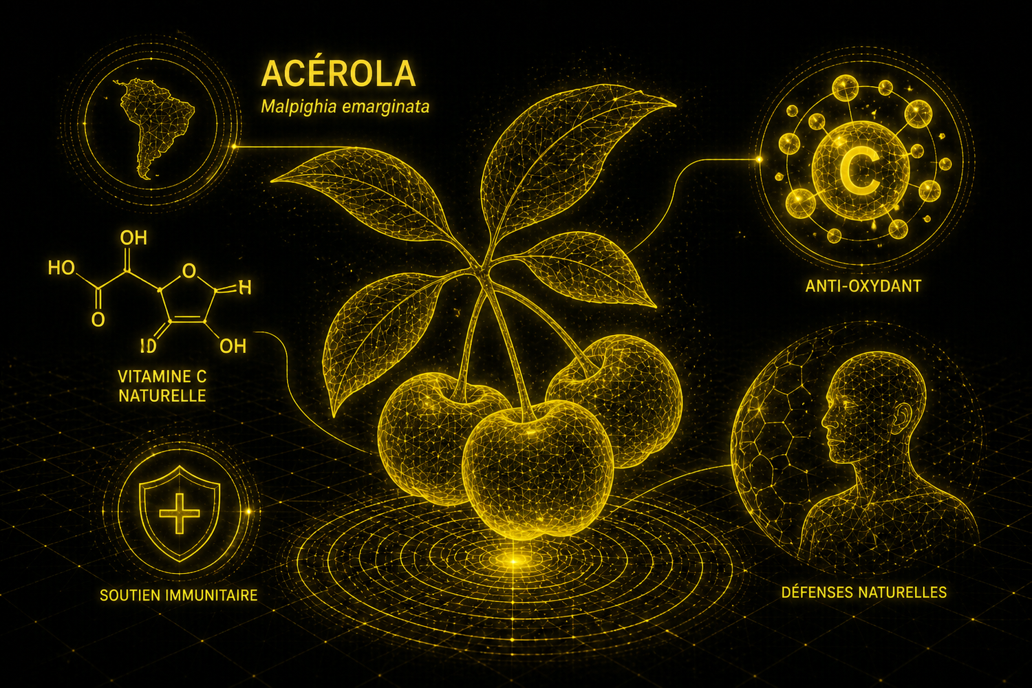 Acérola (Malpighia emarginata) wireframe doré avec vitamine C, antioxydant naturel