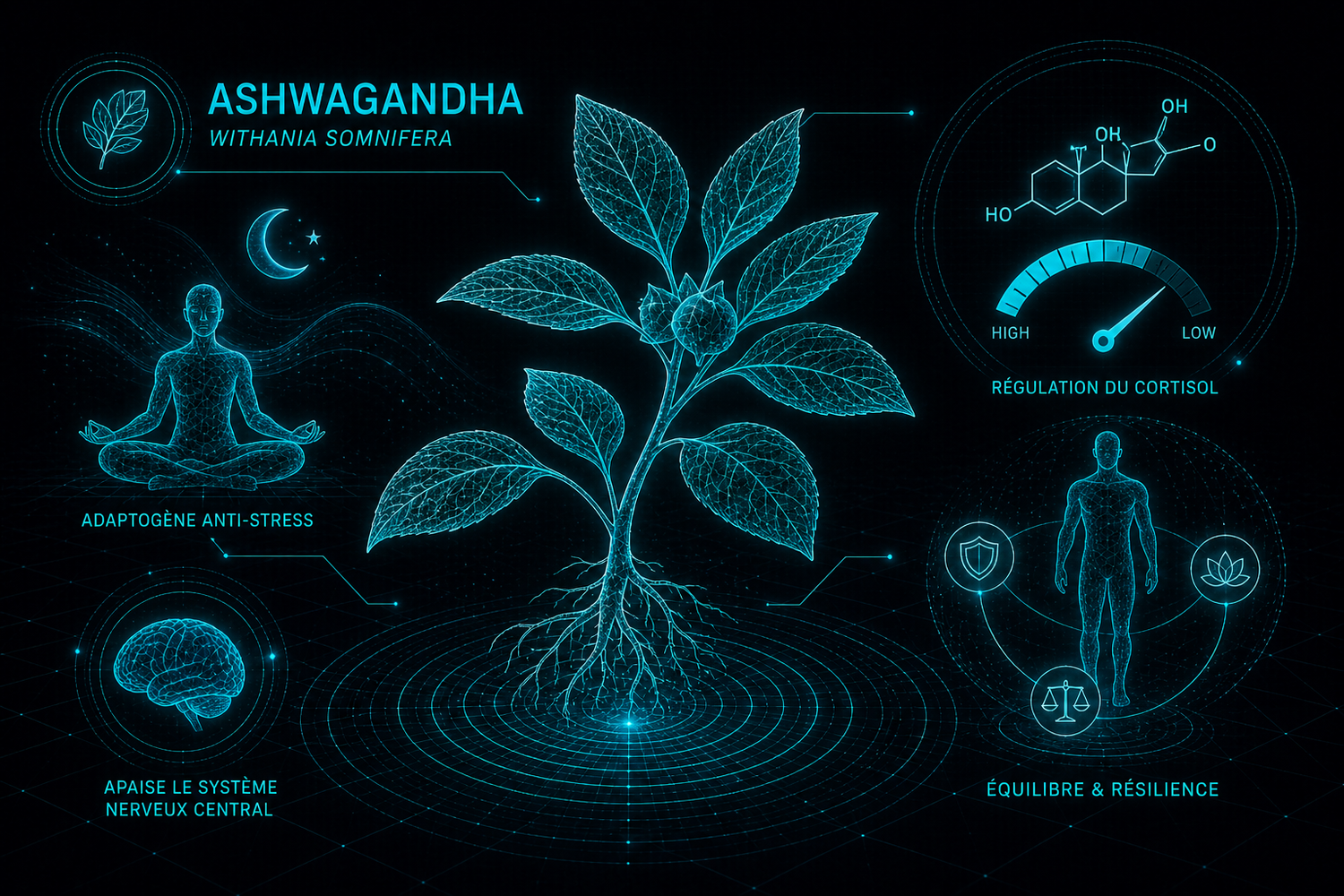 Plante Ashwagandha (Withania somnifera) wireframe cyan, adaptogène anti-stress