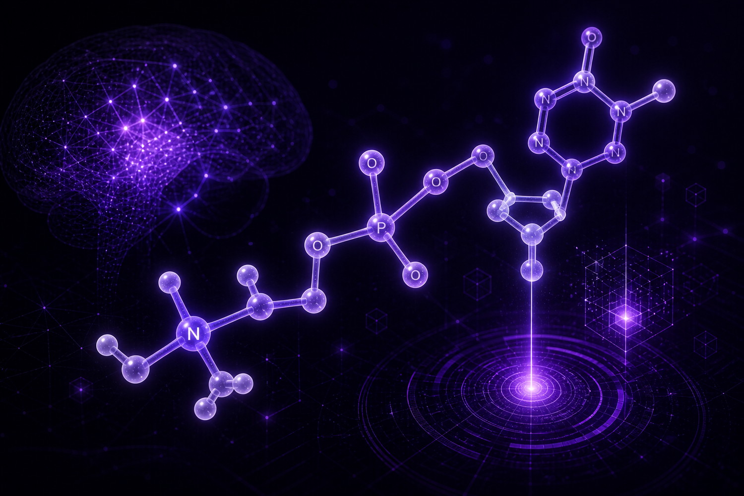 Molécule Citicoline (CDP-Choline) wireframe violette avec cerveau synaptique, mémoire de travail