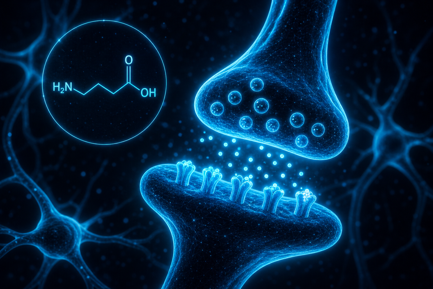 Synapse cyan avec molécule GABA, neurotransmetteur inhibiteur principal du système nerveux