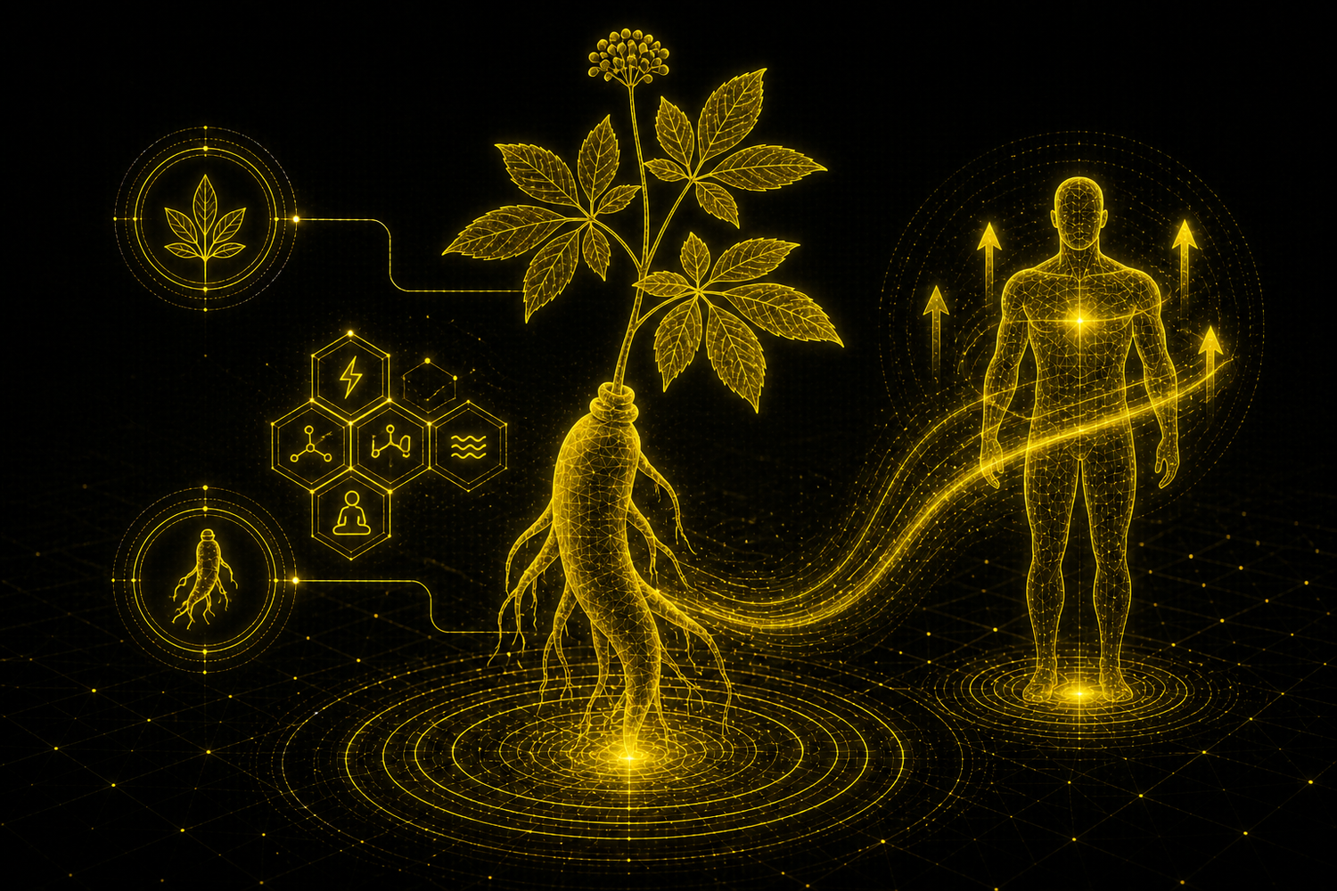 Racine de Panax ginseng wireframe doré, racine adaptogène énergisante FOCUS+ et HYPERBOOST