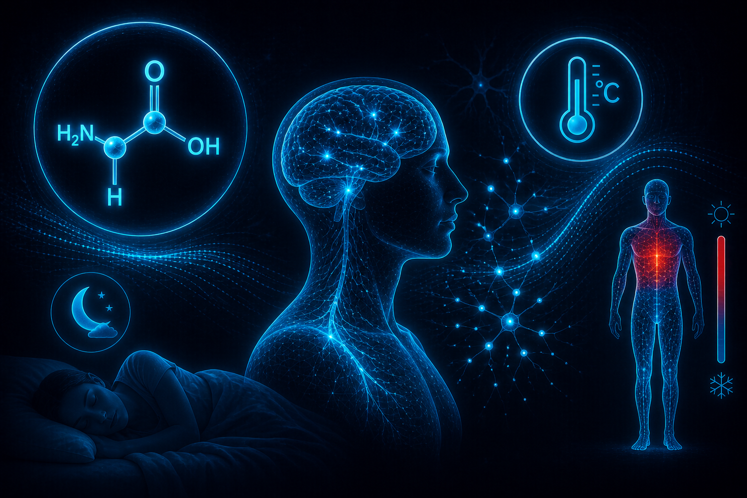 Glycine wireframe cyan avec cerveau et thermorégulation, neurotransmetteur du sommeil