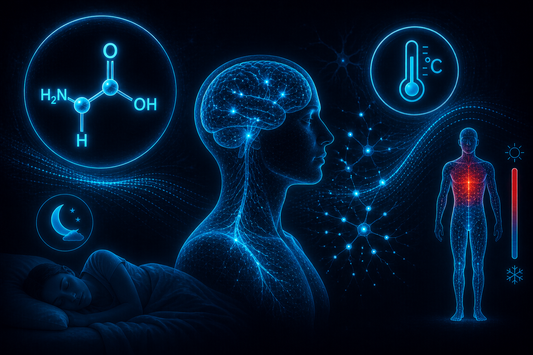 Glycine wireframe cyan avec cerveau et thermorégulation, neurotransmetteur du sommeil