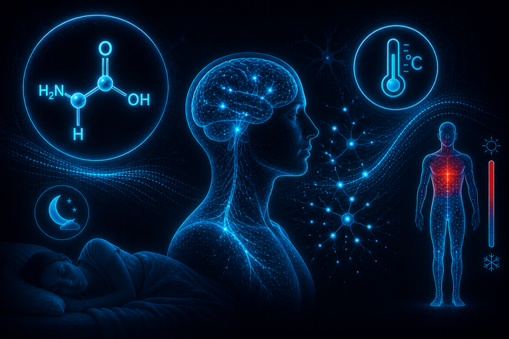 Glycine wireframe cyan avec cerveau et thermorégulation, neurotransmetteur du sommeil