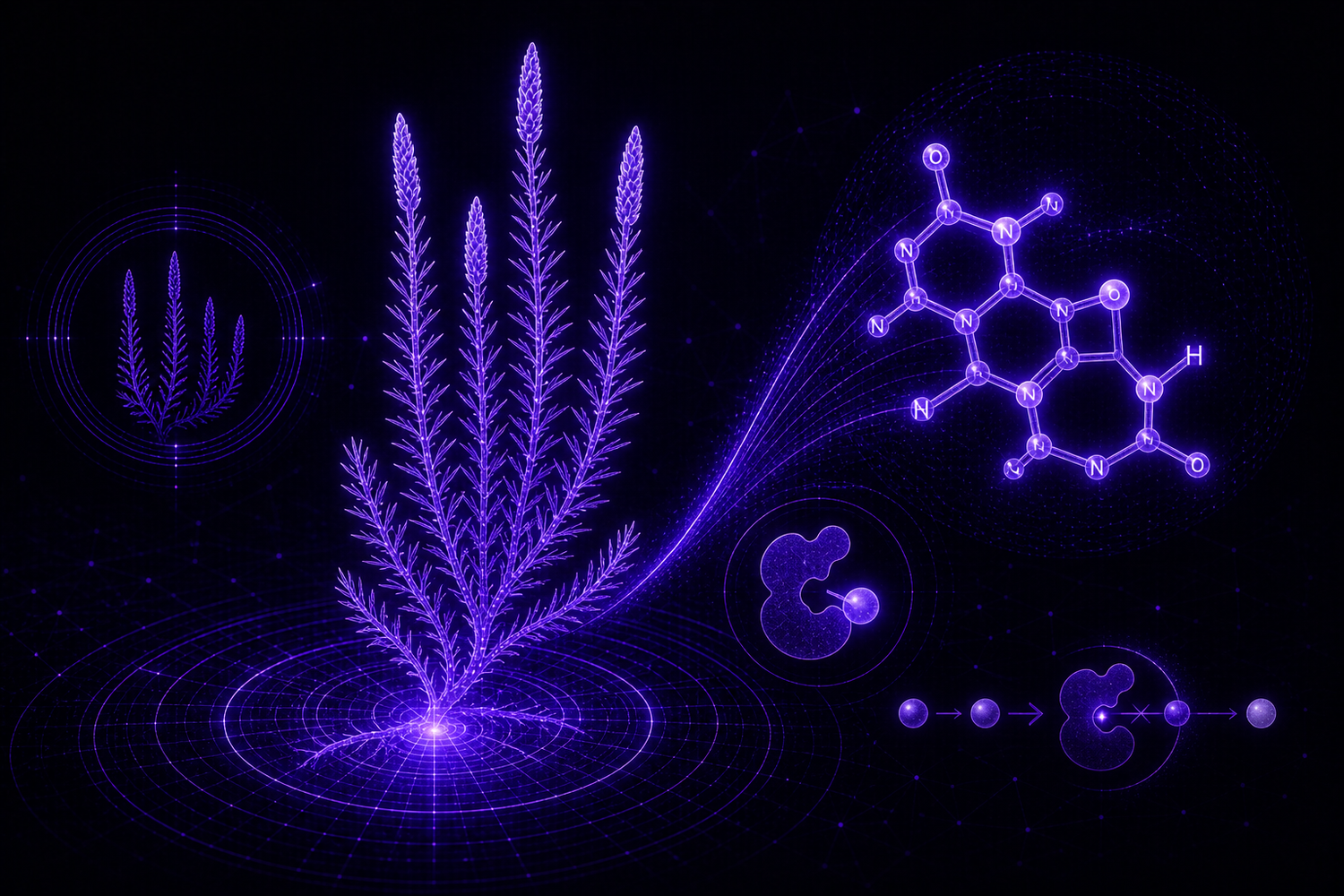 Huperzia serrata wireframe violet, source naturelle d Huperzine A inhibiteur acétylcholinestérase