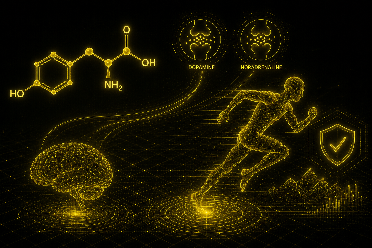 L-Tyrosine wireframe doré avec coureur dopaminergique, synthèse dopamine et performance cognitive