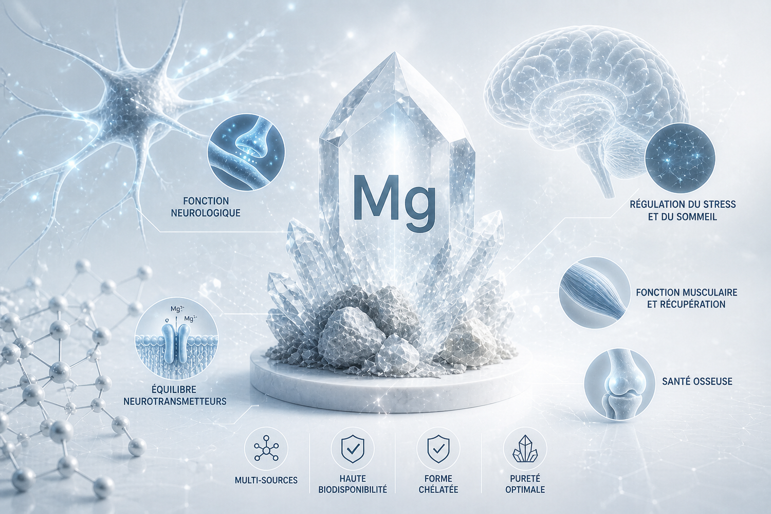 Magnésium cristal Mg sur podium avec biodisponibilité chélatée, minéral fondamental neurologique
