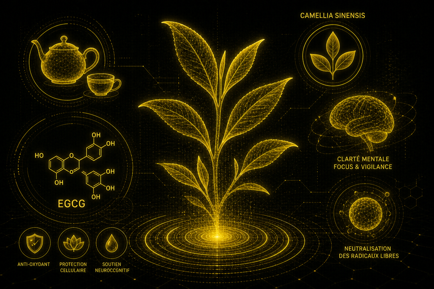 Thé vert (Camellia sinensis) wireframe doré avec EGCG, feuille adaptogène anti-oxydante