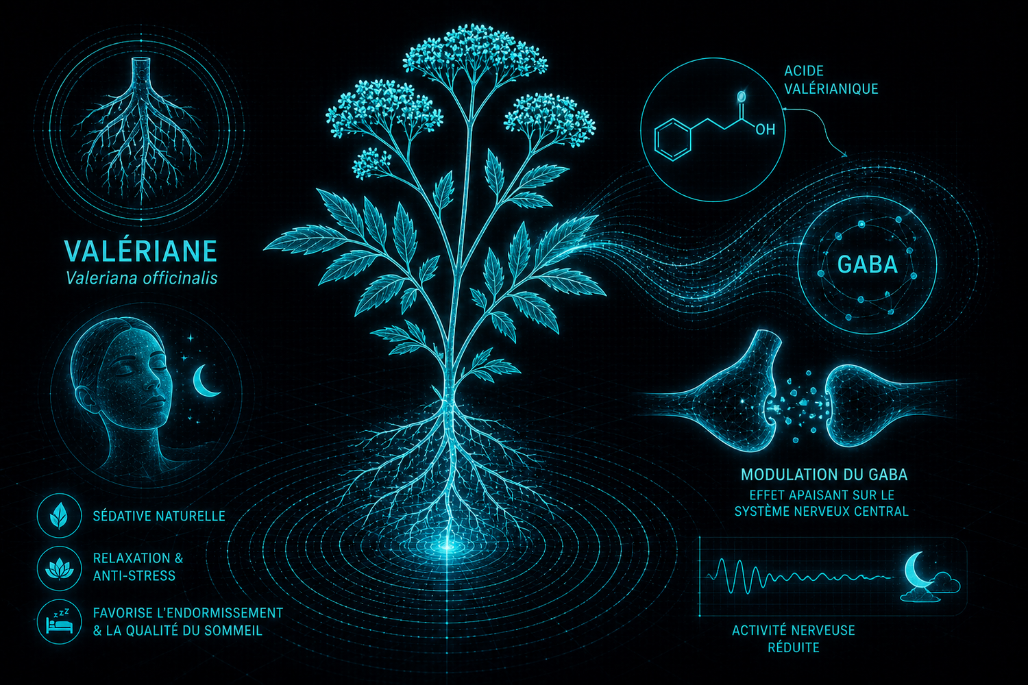 Valériane (Valeriana officinalis) wireframe cyan, racine sédative naturelle modulateur GABA