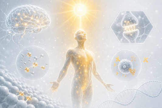 Vitamine D personne dorée illuminée par soleil radiant, hormone-vitamine cognitive et immune
