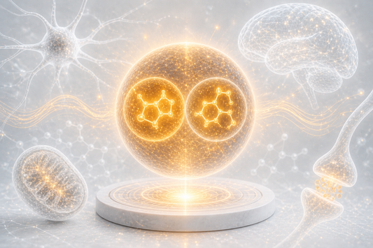 Vitamines B5 et B6 sphères duales wireframe doré, cofacteurs métabolisme énergétique cérébral